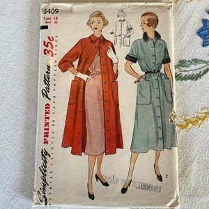 Simplicity Coat Dress and Duster sewing pattern, #3409, c1950, size 18/ bust 36"